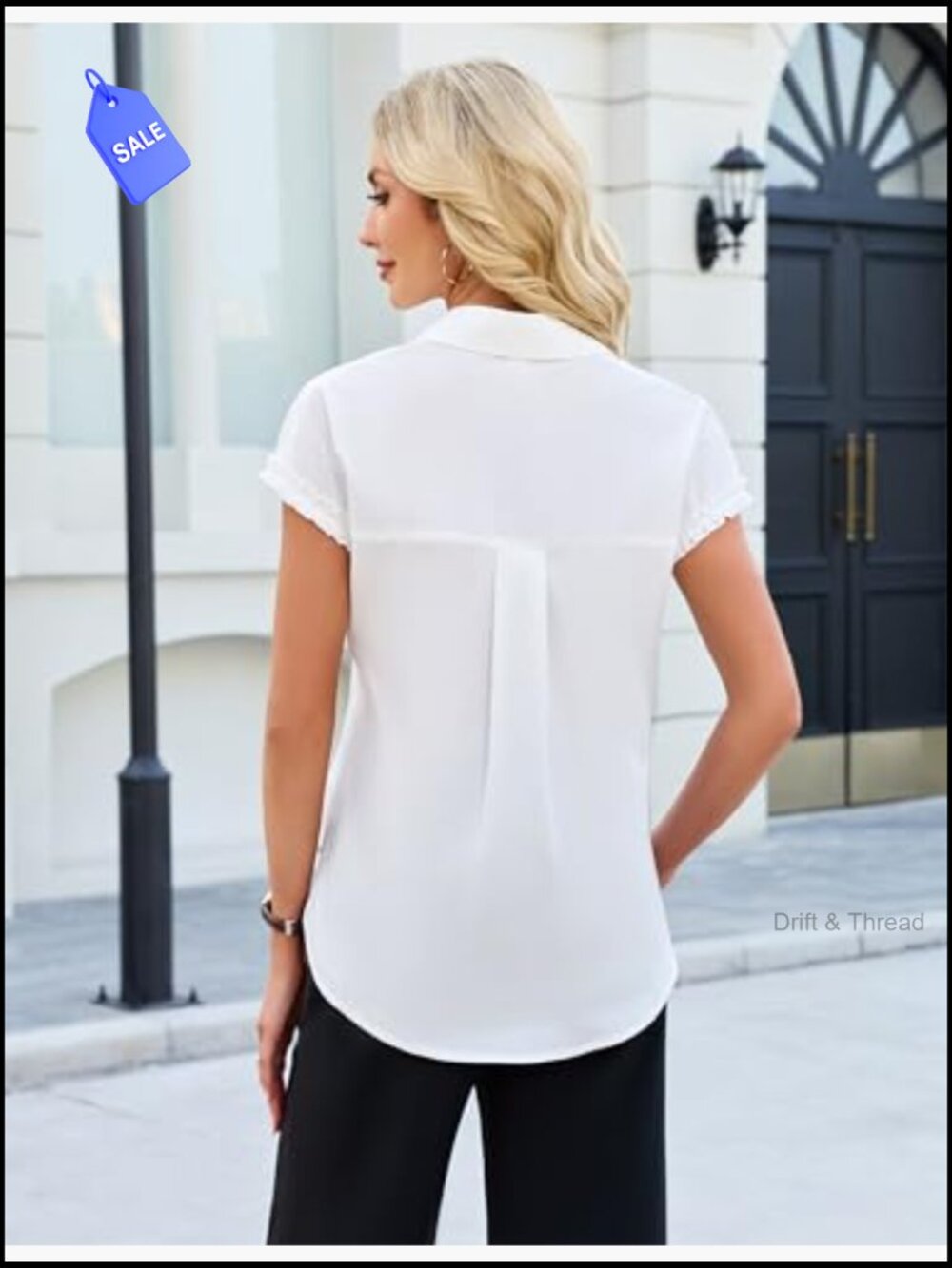 Button Down Shirt Ruffled Cap Sleeve Business Casual Wrinkle Free - Picture 3 of 7